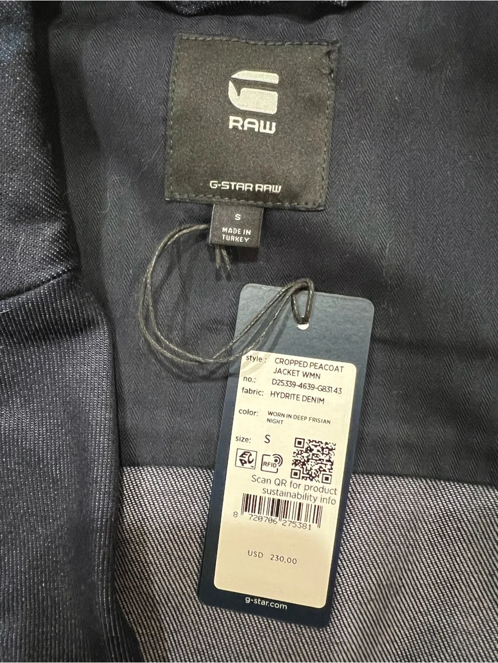 G-Star RAW Cropped Peacoat Jacket Womens S Hydrite Denim Navy NWT $230